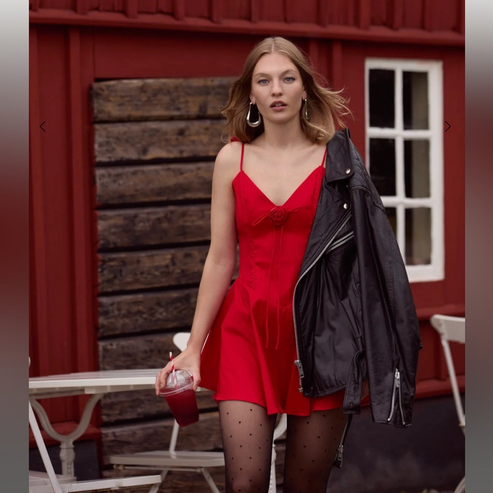 NWT For Love & Lemons Orsa Mini Dress XL Red Taffeta Rosette V Neck Fit Flare